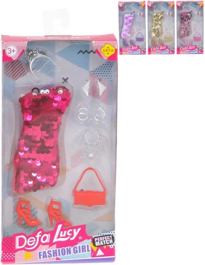 Selskabskjole med pailletter til dukke med moderigtige accessories – 1 stk.
