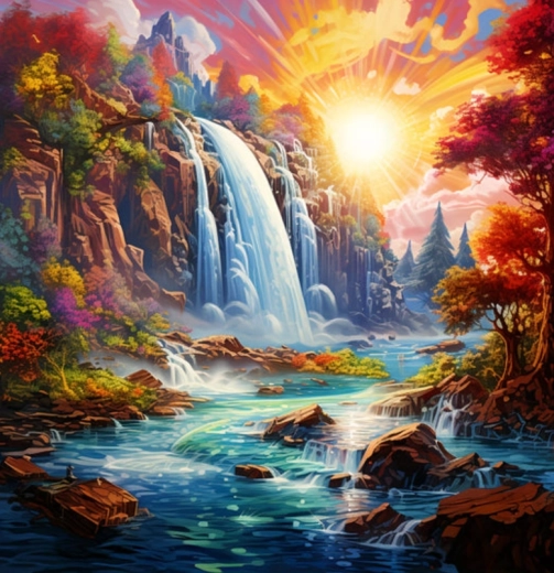 Diamantmaling Solnedgang ved vandfald 30 × 40 cm