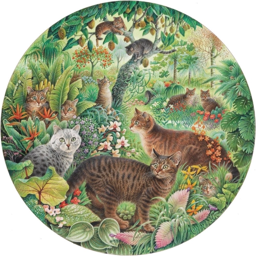 Grafika rundt puslespil med tigerkatte i junglen