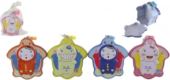 Børnesparebøsse i metal med lås 10 × 6 cm – 4 farver