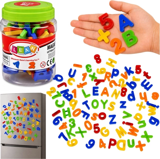 Magnetiske bogstaver, tal og matematiske symboler i et glas – 79 dele