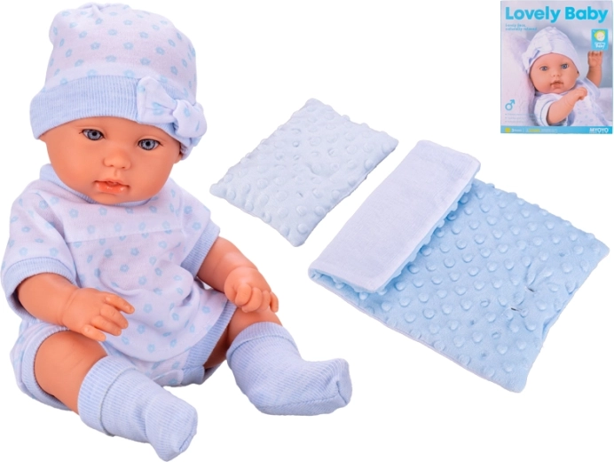 Baby med dyner 33 cm – blå‑hvidt tøj