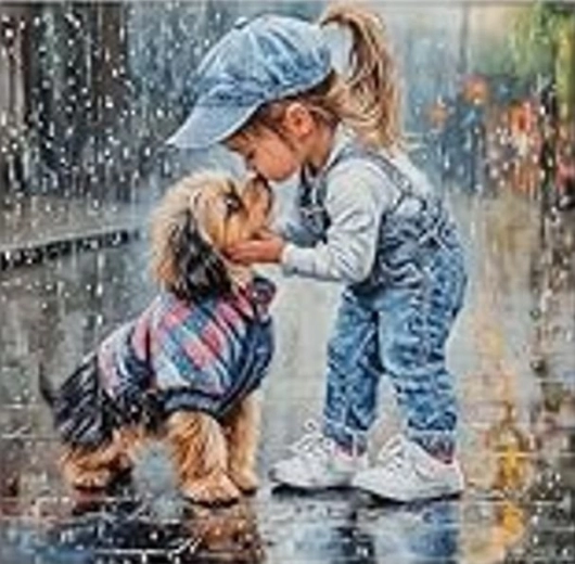 Diamantmaling – pige med hund i regnen 30 × 40 cm