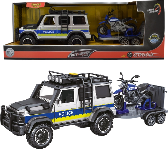 Politibil med trailer og motorcykel 1:14 med lys og lyde