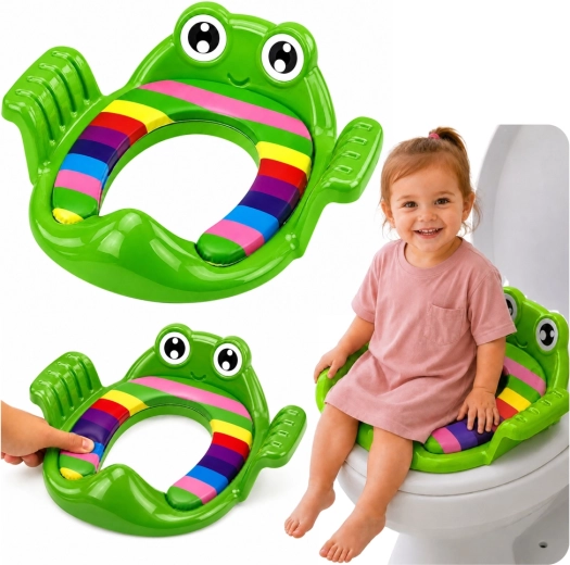 Børne-WC-sæde (toiletreduktion) frø med blødt sæde og grønne håndtag