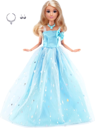 Modedukke i lange lyseblå selskabskjoler