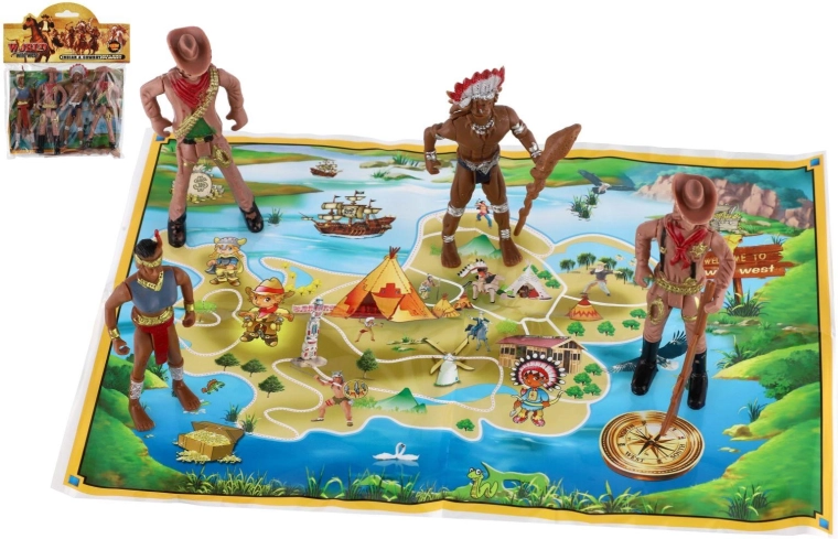 Figurer af indianere og cowboys med kort 6 cm (plast)