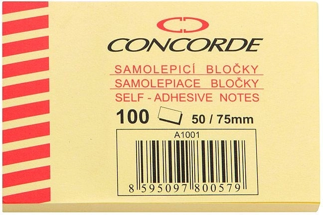Selvklæbende blok CONCORDE 50 × 75 mm, gul, 100 ark