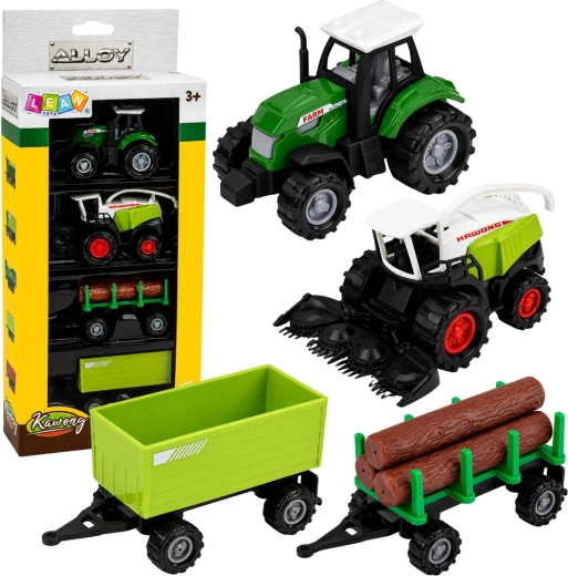 Sæt med landbrugskøretøjer 1:68 – traktor, finsnitter, trailer og tømmeranhænger (4 stk.)