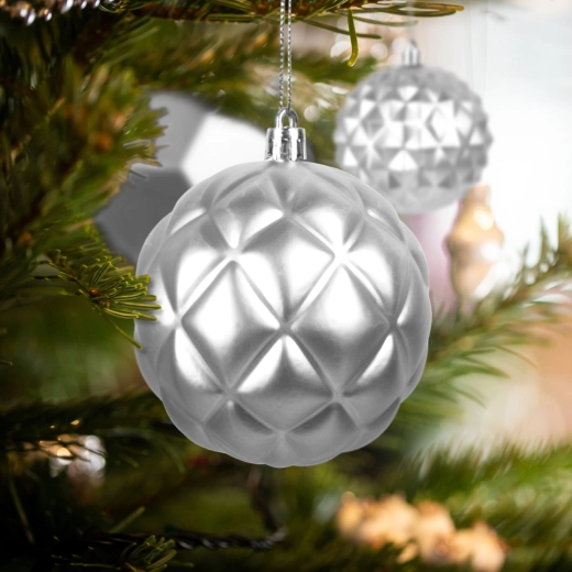 Sæt med sølvfarvet julepynt til juletræet, 6 stk.