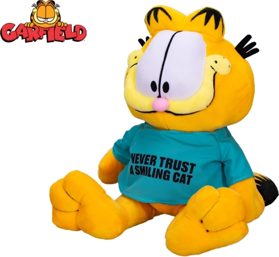 Plysset kat GARFIELD 28 cm – T-shirt “Never trust a smiling cat”