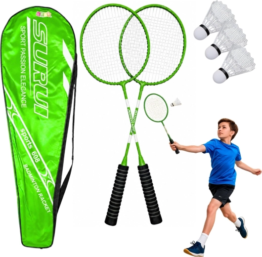 Grønt badminton-sæt: 2 ketchere, 3 plastikbolde og taske