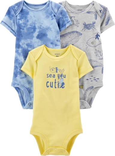 Carter's baby-body med kortærme Blue Ocean, 3 stk., størrelse 56 (NB)