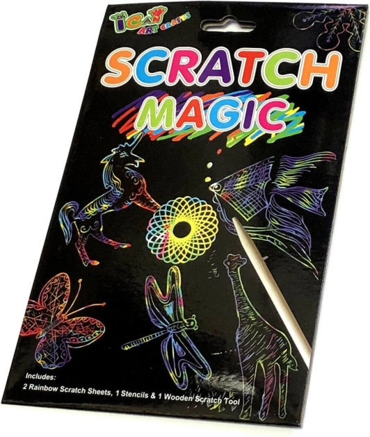 Regnbue-skrabeark med skabeloner og træpind