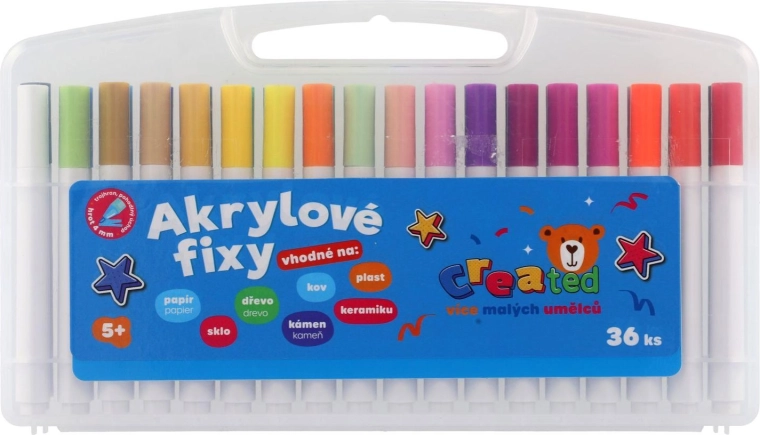 Sæt med 36 akrylmarkers i plastikboks