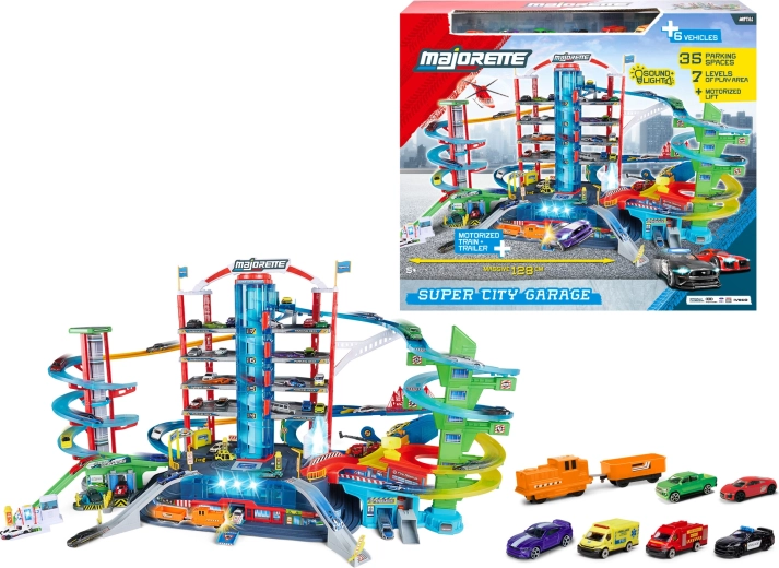 Majorette Super City Garage parkeringsgarage i syv etager med 6 biler og tog