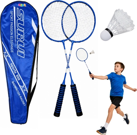 Badmintonsæt – 2 ketsjere, plast-fjerbold og etui (blå)