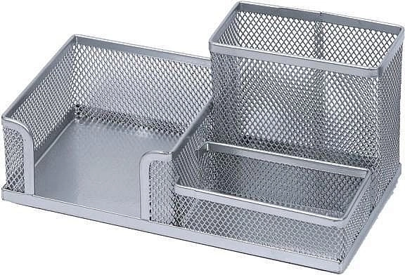 Metal bordorganizer med blyantholder og notatblok, sølvfarvet