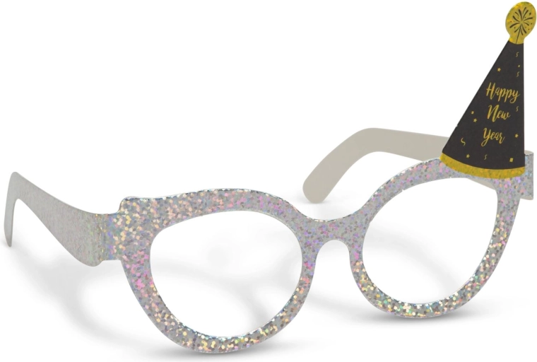 Glitrende papirpartybriller med Happy New Year – 4 stk.