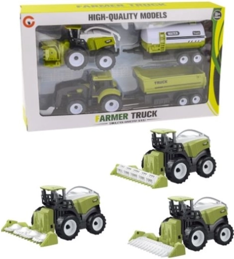 Sæt med landbrugskøretøjer: mejetærsker og traktor med trailere