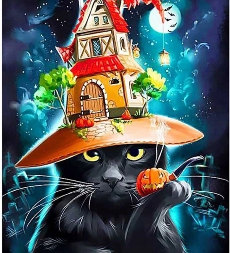 Mal efter tal Kat i halloweenhat 40 × 50 cm
