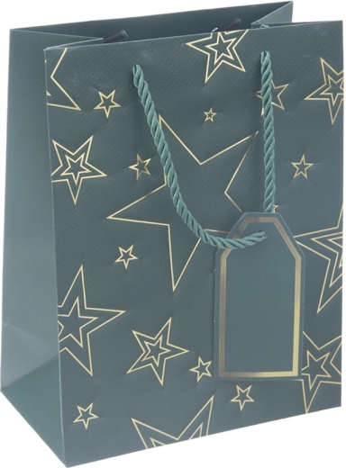 Papirgavepose med grønt stjernemotiv 18 × 10 × 23 cm