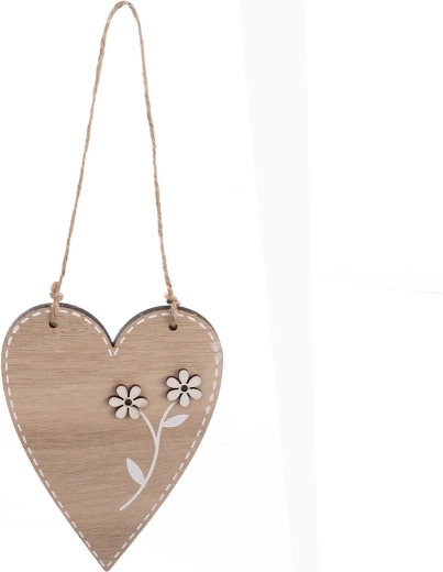 Hængende trædekoration hjerte med blomst, beige, 13 cm
