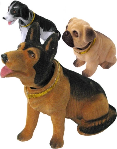 Retro hund med nikkende hoved i fløjlsblød plast 11–13 cm, forskellige varianter - 1 stk.
