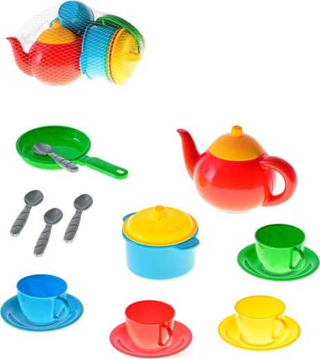 Børne plastservicesæt til te og madlavning i net (16 dele)