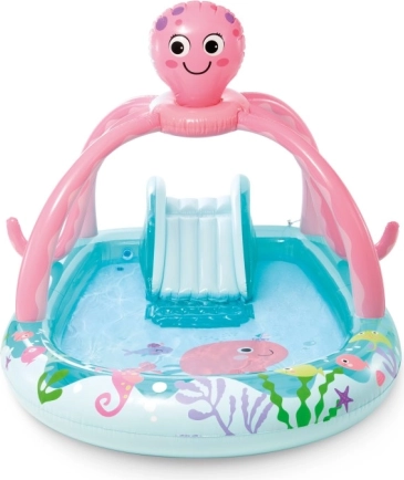 Oppusteligt legecenter Blæksprutte med vandsprøjte og rutsjebane