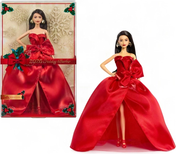 Mattel Barbie Signature jule-samlerdukke 2026 sort-/mørkhåret i rød kjole