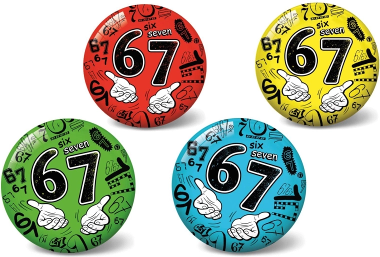 Oppustelig bold 23 cm – nummer 67, motiv Six Seven, 4 farver