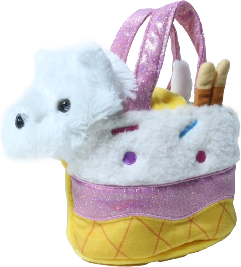 Hvid plyshund i en isbutikstaske, 15 cm