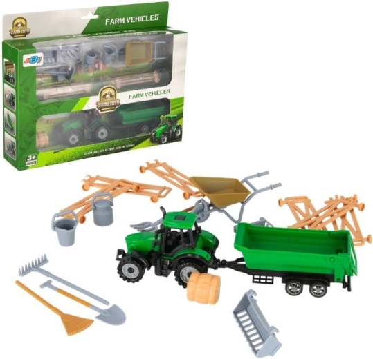 Traktor med anhænger og landbrugstilbehør