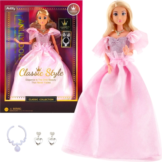 Modedukke i elegante lyserøde selskabskjole