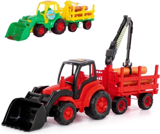 Traktor med frontskovl og skovvogn