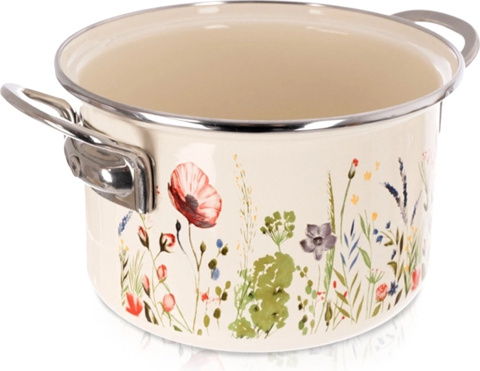Emaljeret gryde, cremefarvet med valmue-motiv 18 cm, 2 l