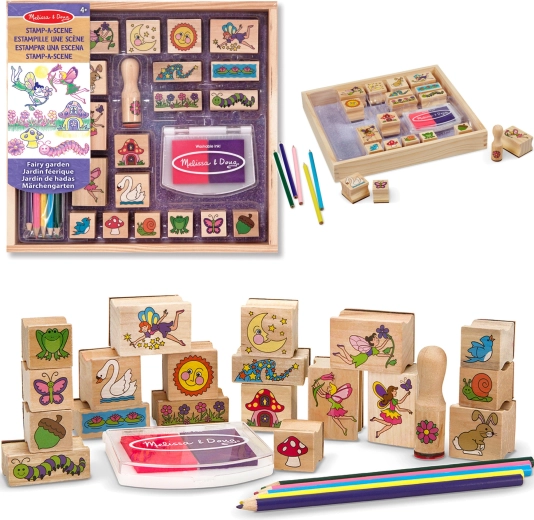 Melissa & Doug kreativt sæt med træstempler – fehave (20 motiver, stempelpude og farveblyanter)