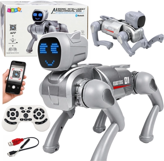 Interaktiv AI-robotihund med fjernbetjening og sølvfarvet LED-display