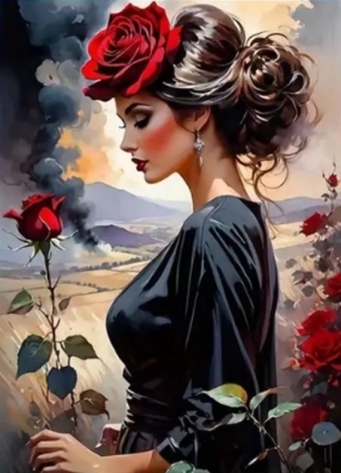 Diamantmaleri – kvinde med rose 30 × 40 cm