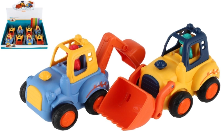 Plastiske bygge-biler 12–14 cm med friktionsmotor, mix af typer, 8 stk i boks