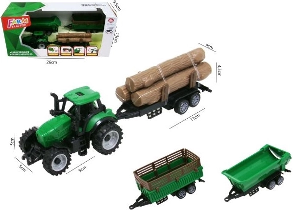 Grøn traktor med 3 trailere 18 cm