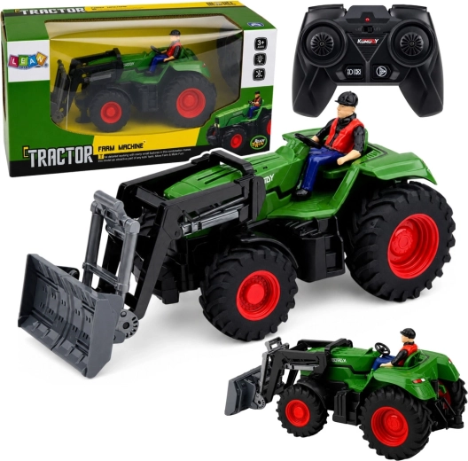 Fjernstyret RC-traktor med frontlæsser og landmandsfigur 1:24