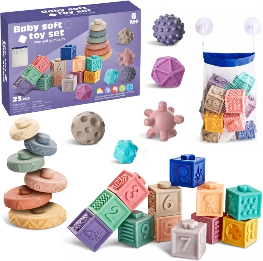 Bløde gummi-læringsklodser med dyr, tal og mønstre (27 stk.)