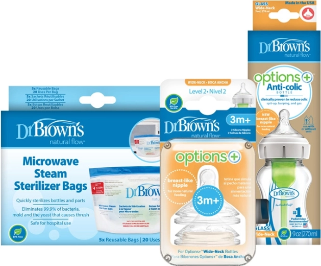 Dr. Brown’s glas anti-kolik sutteflaske Options+ Wide-Neck 270 ml + sutter Level 2 (2 stk.) + poser til sterilisering (5 stk.)