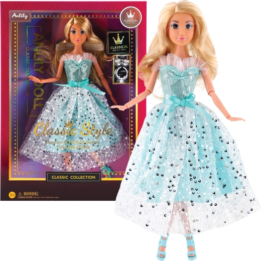 Modedukke i lange lyseblå selskabskjoler