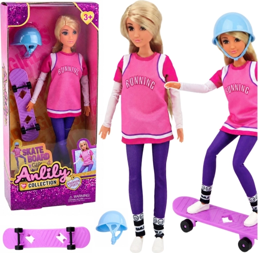 Anlily skateboarder – dukke med lilla skateboard og hjelm 30 cm