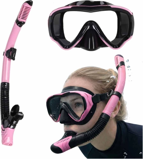 Rosa-sort snorkelsæt med panoramamaske og tør snorkel