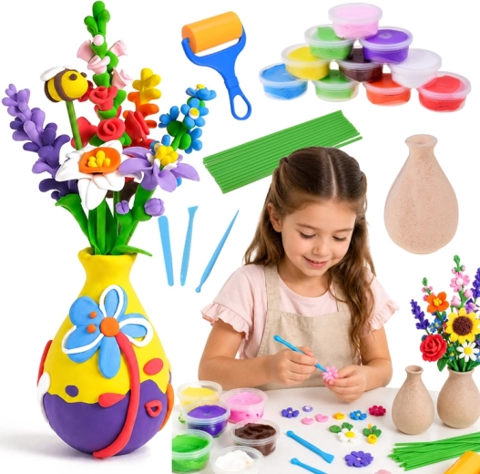Kreativt DIY-sæt til fremstilling af blomster af let, lufttørrende modellervoks med vase (28 dele)