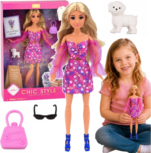Anlily moderigtig dukke i pink kjole med hund og tilbehør 30 cm